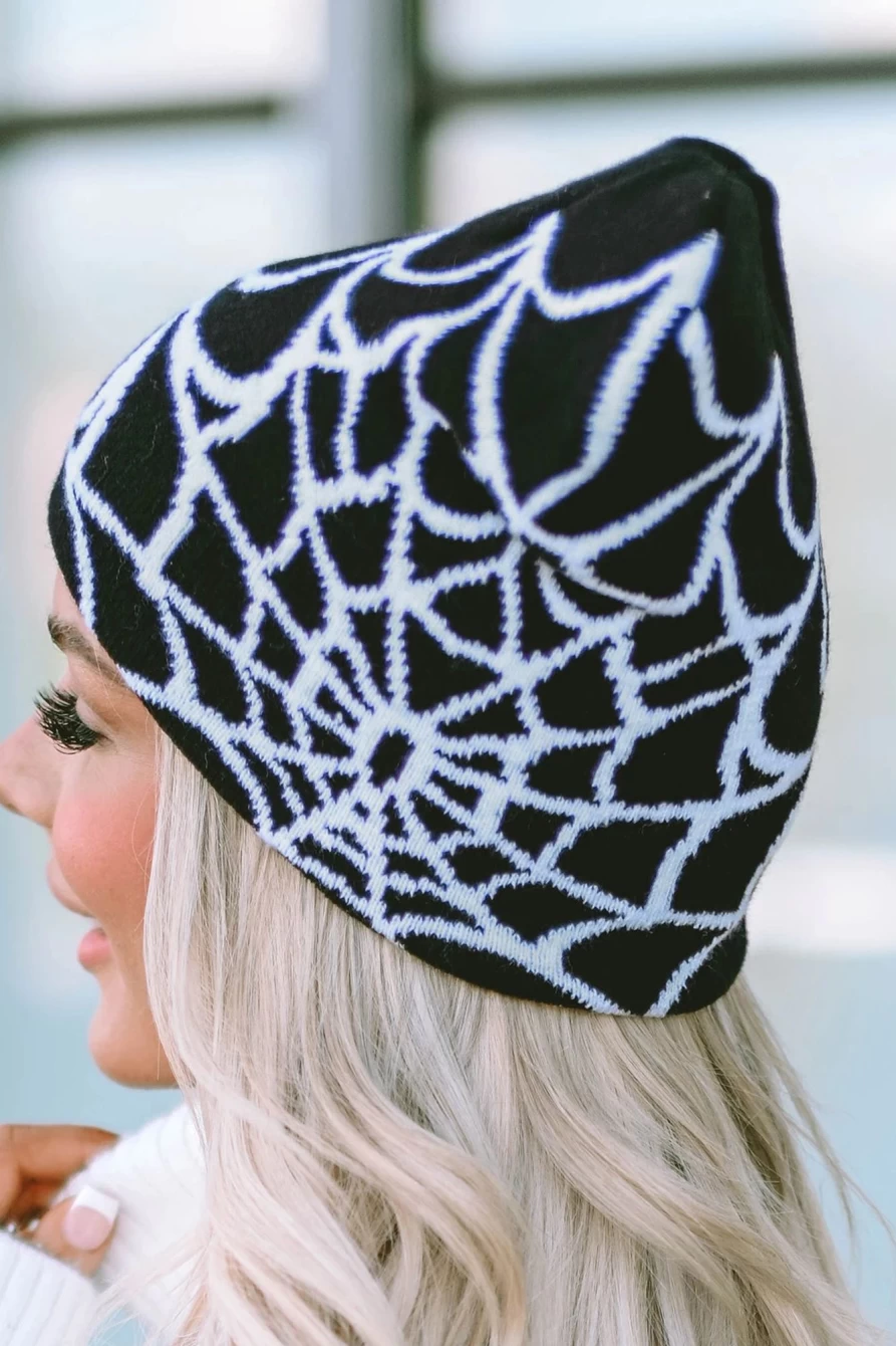 Shewin Women's Black Woolen Halloween Hat with Cobweb Pattern - Warm Knit Beanie for Women