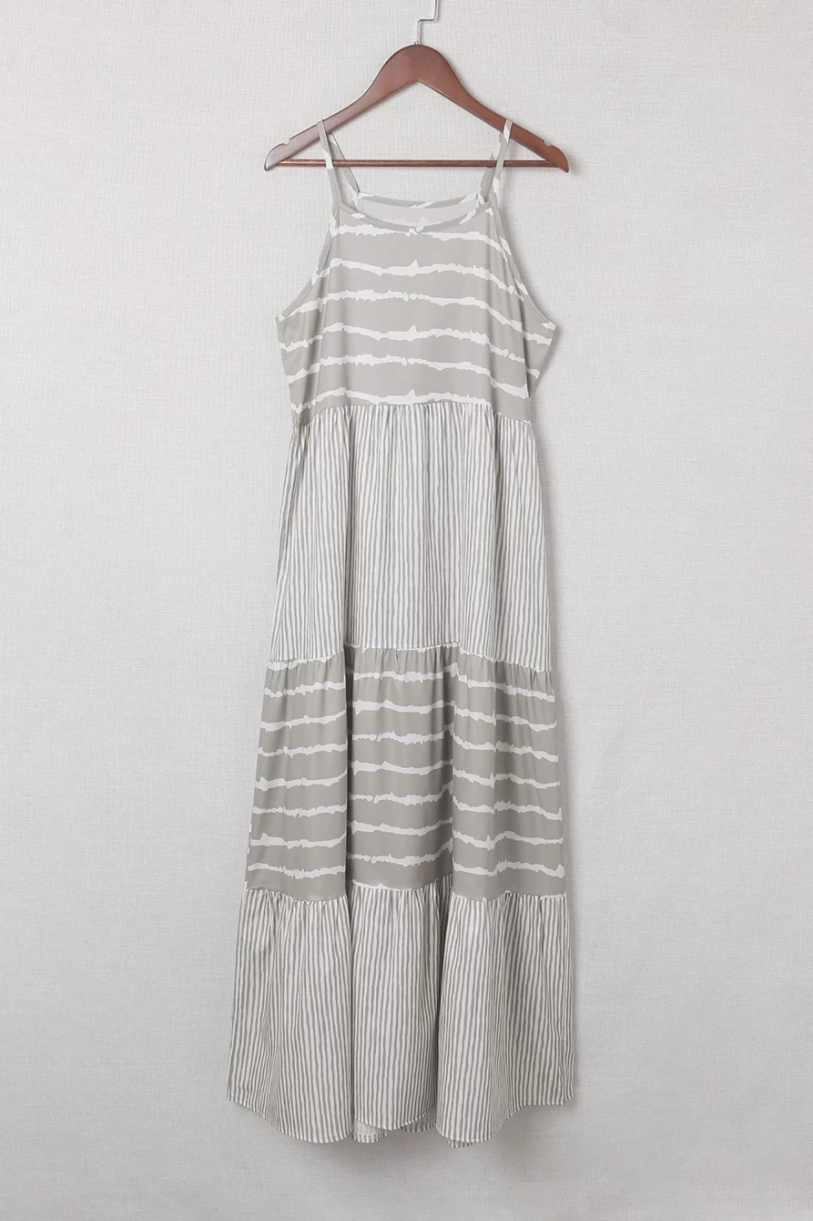 Shewin Women's Gray Tie-Dye Spaghetti Strap Maxi Dress for Summer