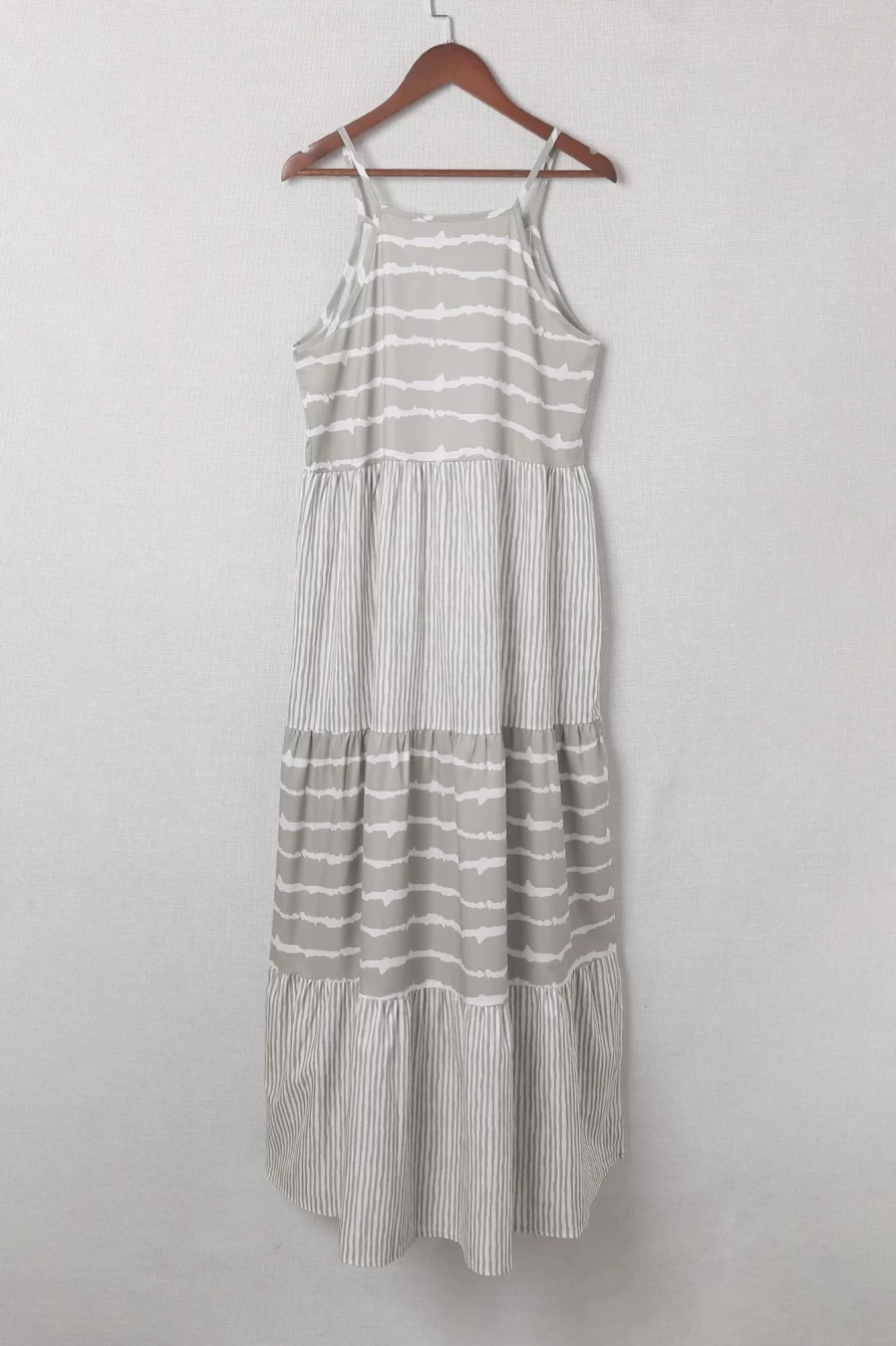 Shewin Women's Gray Tie-Dye Spaghetti Strap Maxi Dress for Summer
