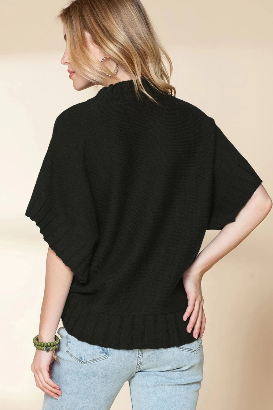 Shewin Women's Black Mock Neck Batwing Sleeve Knit Sweater
