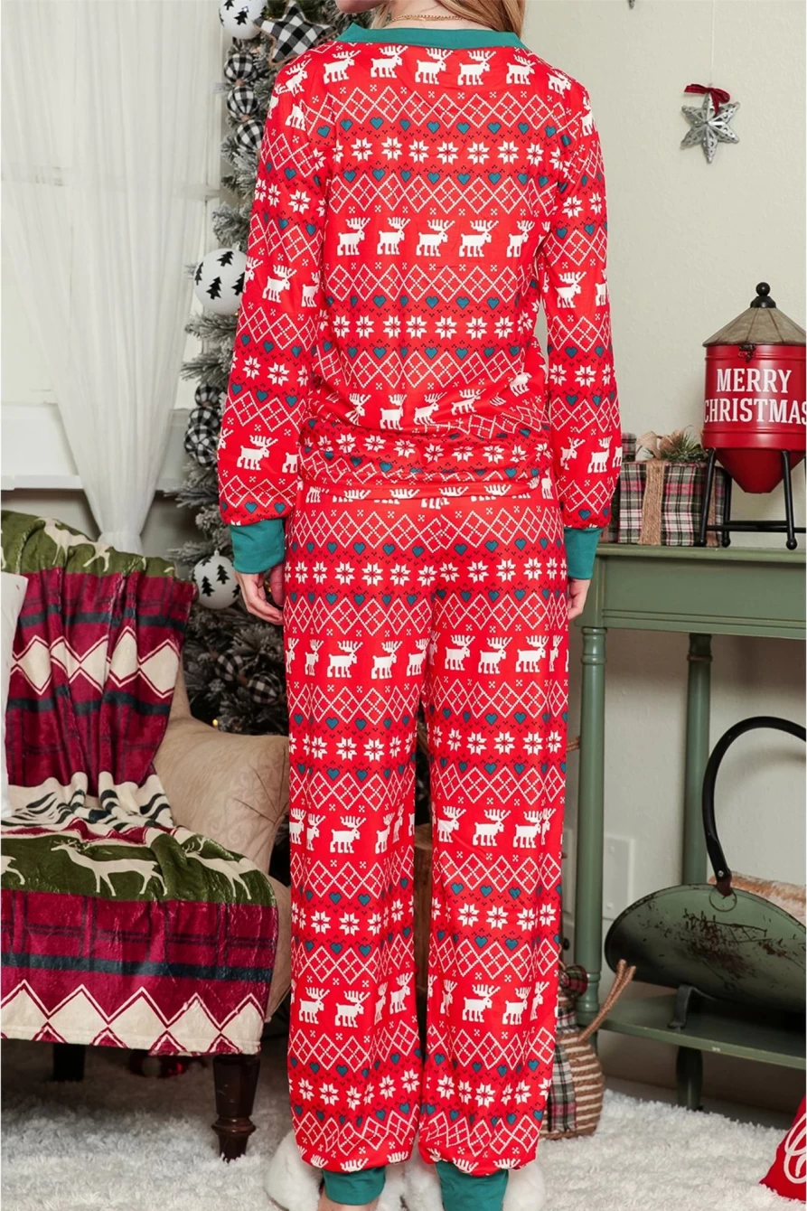 Shewin Women's Red Christmas Print Henley Top & Pants Pajama Set