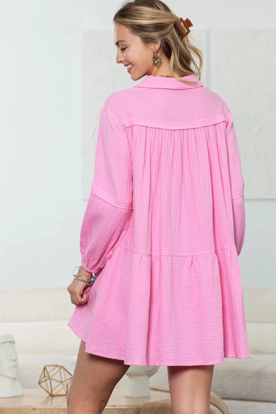 Shewin Women's Pink Gauze Collared Casual Long Sleeve Short Dress