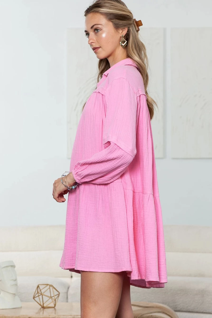 Shewin Women's Pink Gauze Collared Casual Long Sleeve Short Dress