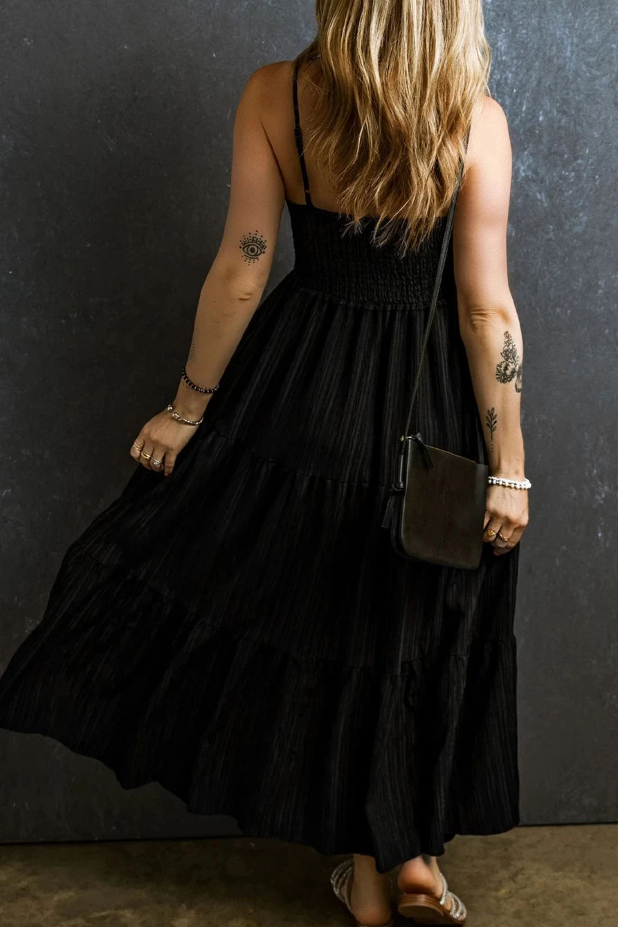 Shewin Women's Black Smocked Pleated Flared Maxi Dress - Sleeveless Summer Beach Gown