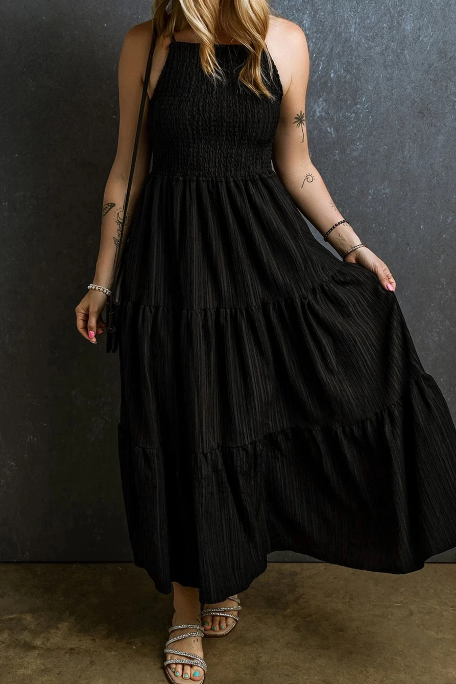 Shewin Women's Black Smocked Pleated Flared Maxi Dress - Sleeveless Summer Beach Gown