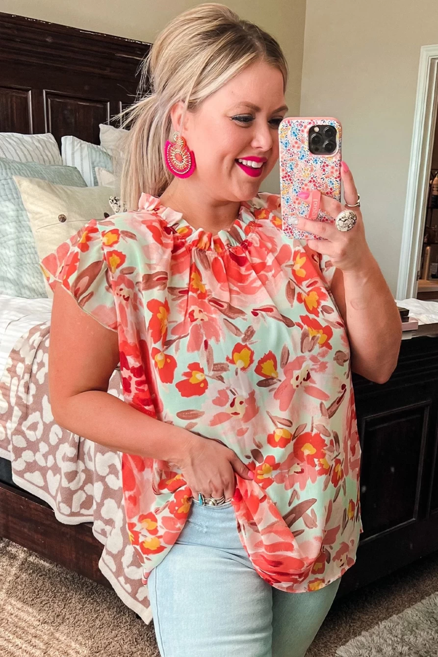 Shewin Women's Plus Size Red Floral Print Frill Neck Blouse - Watercolor Design Elegant Top