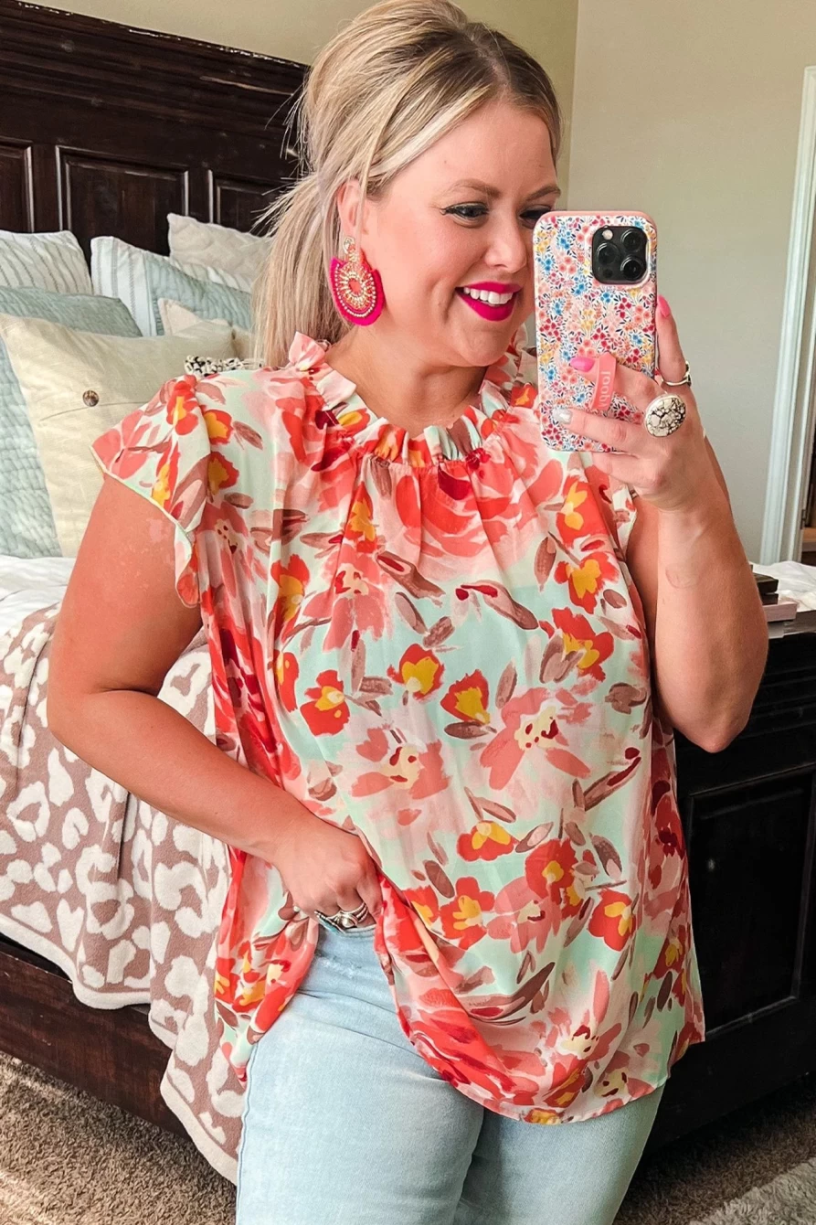 Shewin Women's Plus Size Red Floral Print Frill Neck Blouse - Watercolor Design Elegant Top