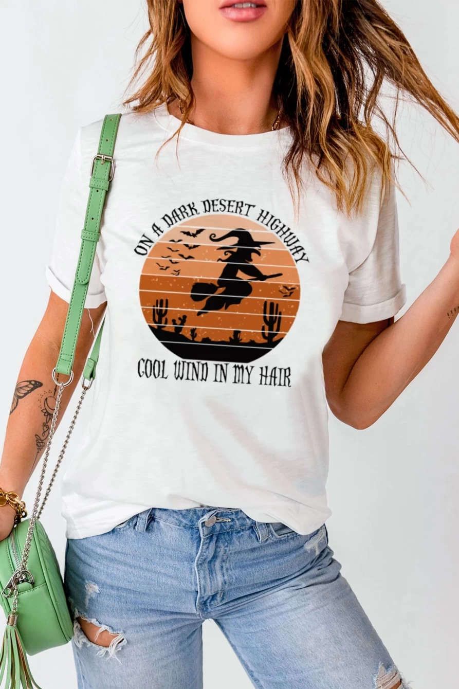 "Women's Funny Witch Letter Print Graphic T-Shirt - White Casual Tee by Shewin"