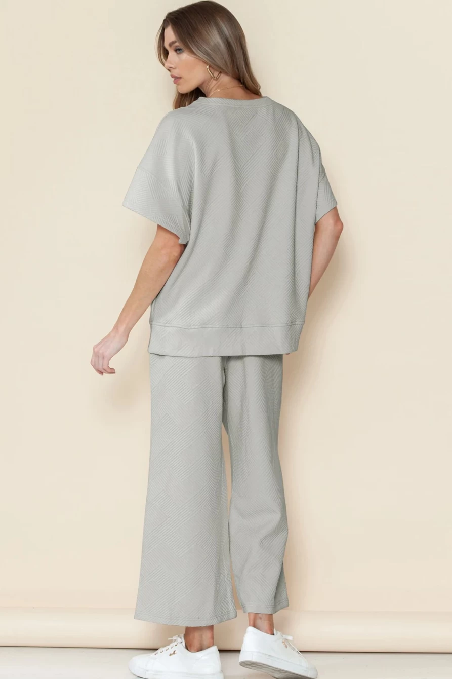 Shewin Women's Gray Textured Loose Fit T-Shirt & Drawstring Pants Set Casual Comfort Outfit