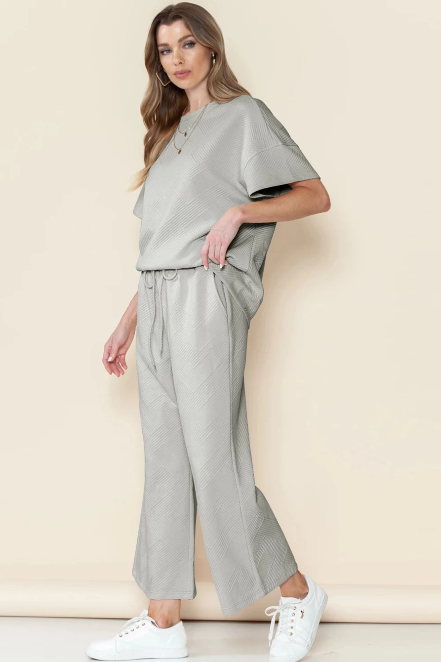 Shewin Women's Gray Textured Loose Fit T-Shirt & Drawstring Pants Set Casual Comfort Outfit