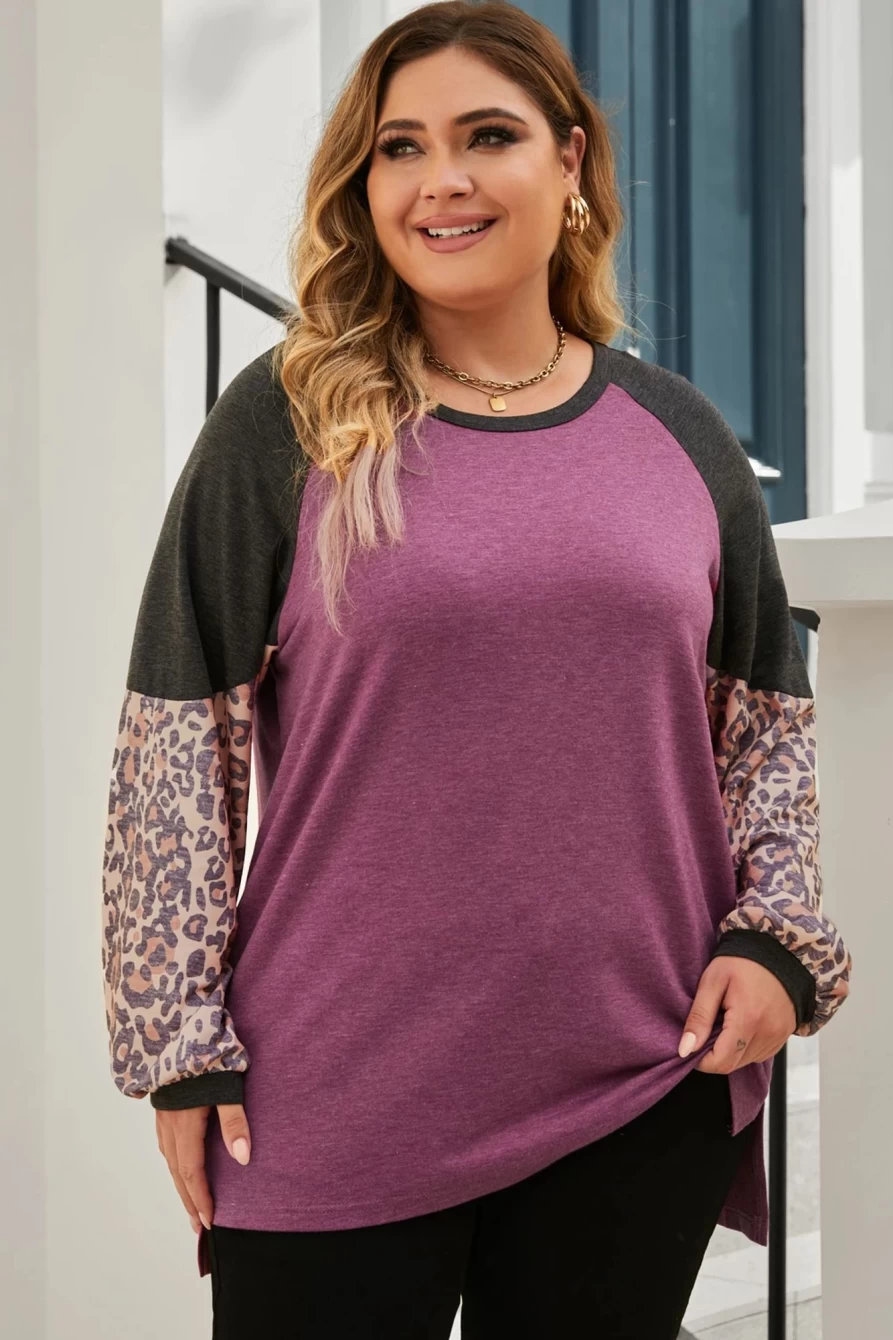 Shewin Women's Leopard Print Multicolor Long Sleeve Plus Size Tops