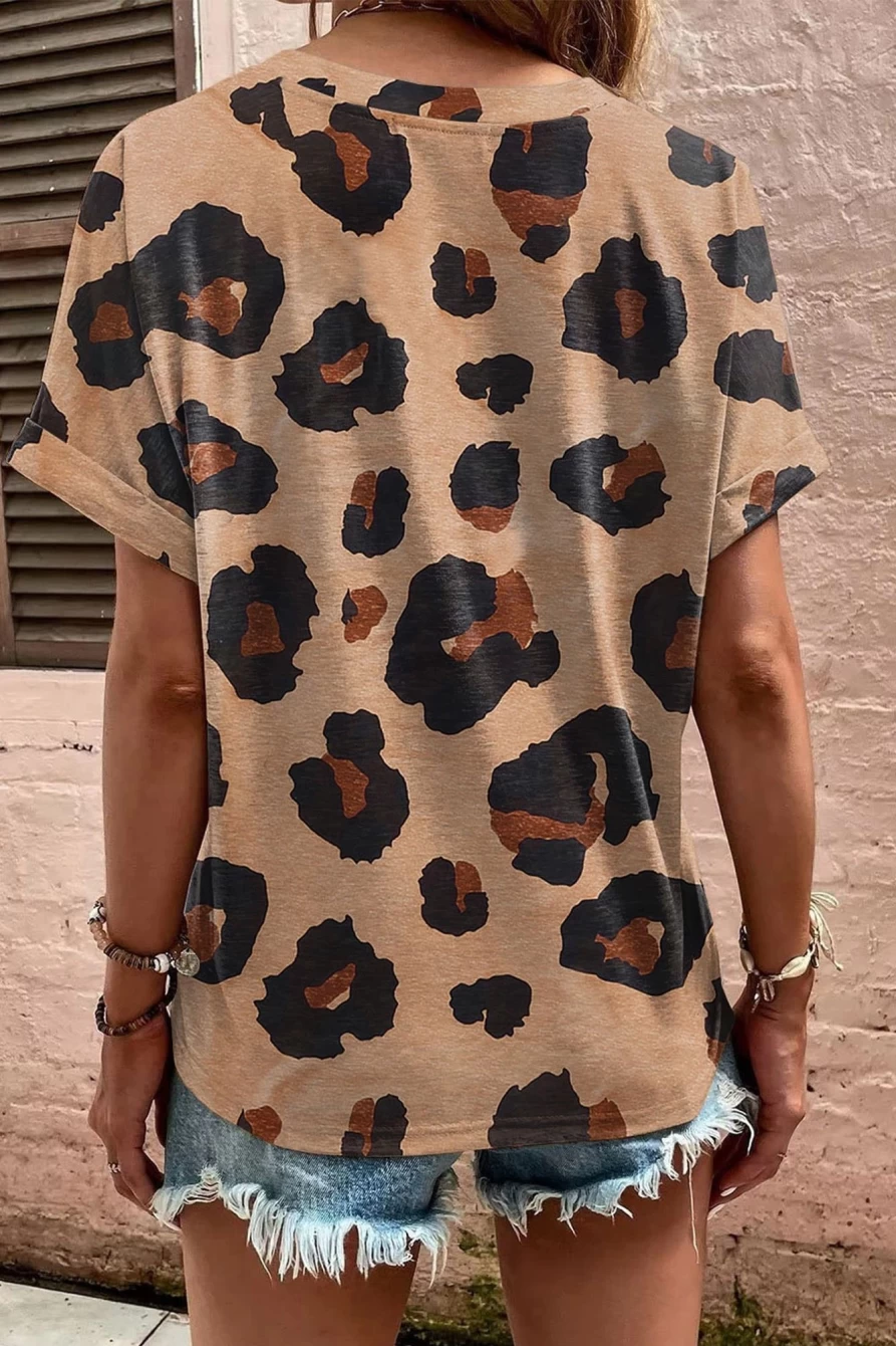 Shewin Women's Light French Beige Leopard Print V-Neck Button T-Shirt