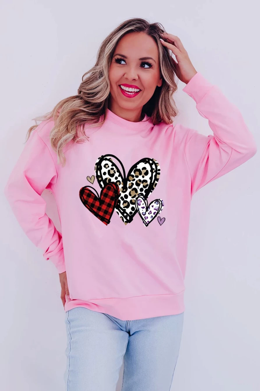 Women's Pink Leopard Print Heart Graphic Crewneck Sweatshirt - Shewin