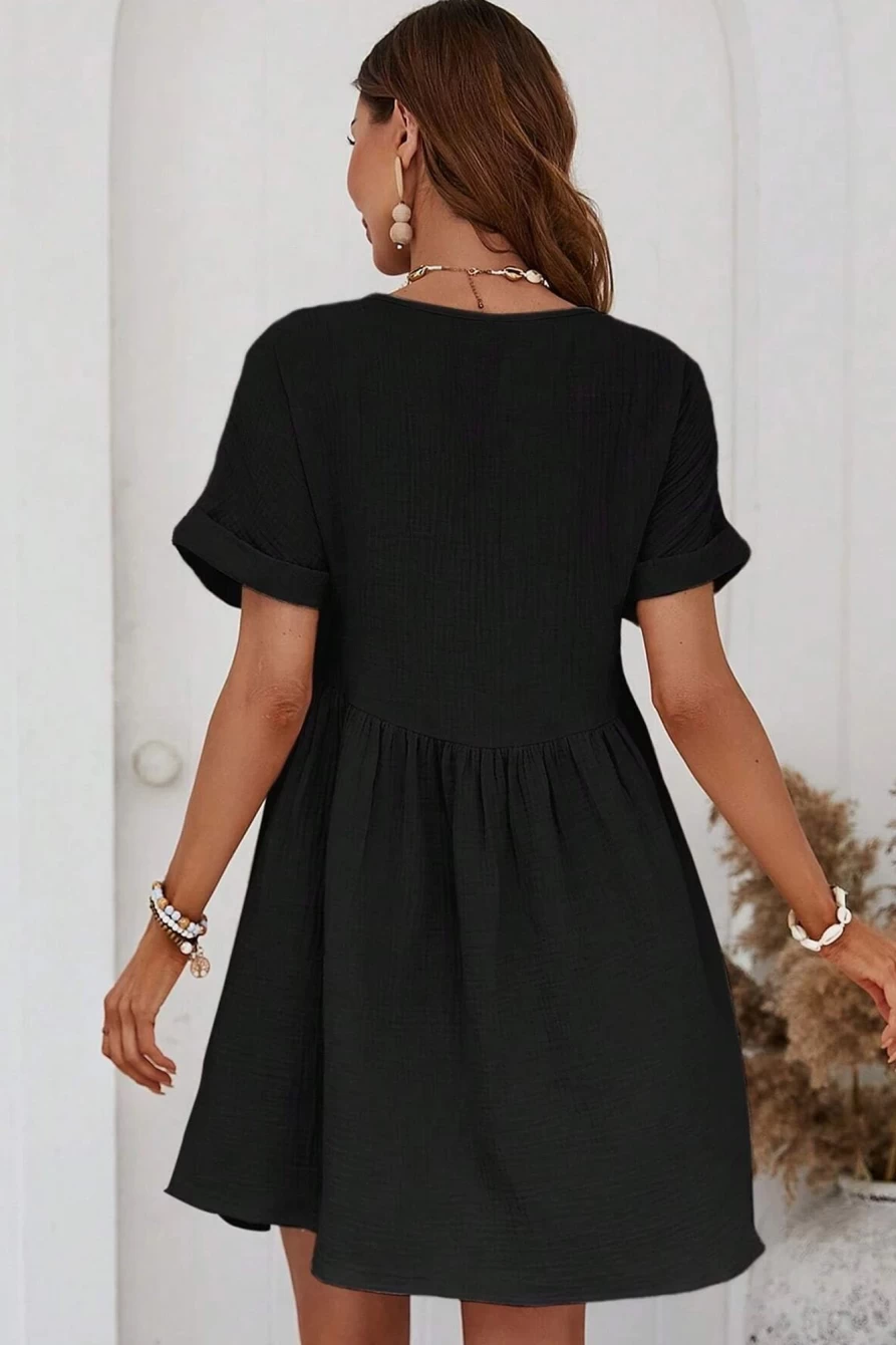 Shewin Women's Black Lace V-Neck Folded Mini Dress Short Sleeve