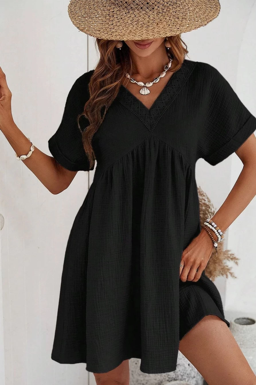 Shewin Women's Black Lace V-Neck Folded Mini Dress Short Sleeve
