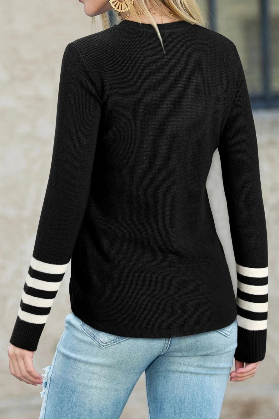 Shewin Women's Black Casual Striped Sleeve Knit Sweater - Crew Neck Pullover