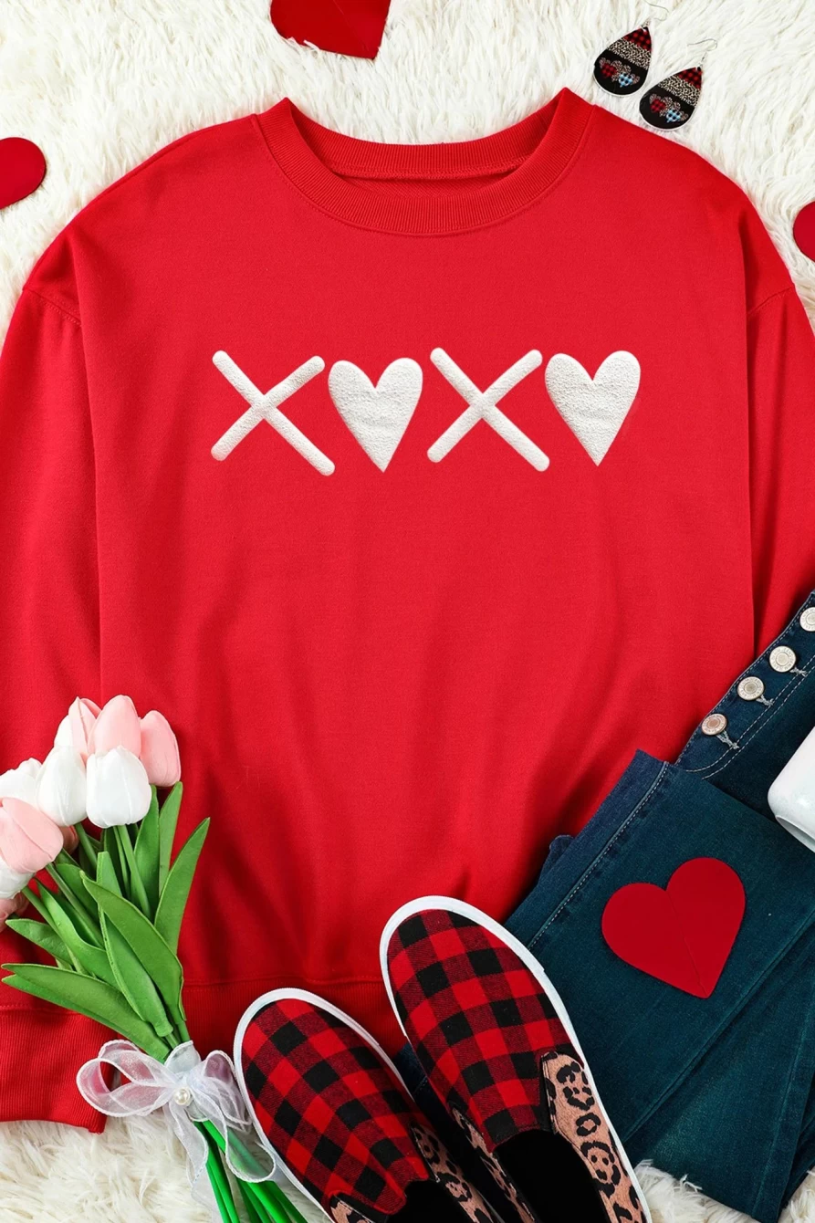 Shewin Women's Red-2 XOXO Heart Print Valentine's Day Graphic Sweatshirt