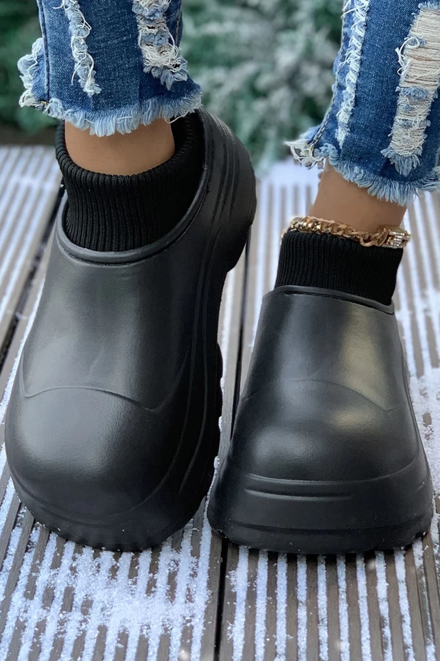 Shewin Women's Black Waterproof Ankle Boots with Thick Sole & Patchwork Design