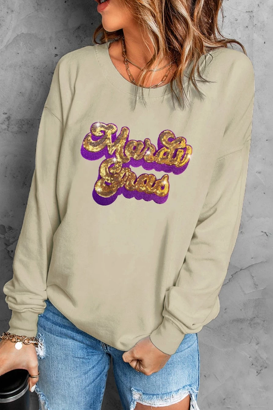 Shewin Women's Khaki Mardi Gras Sequin Embroidered Graphic Sweatshirt