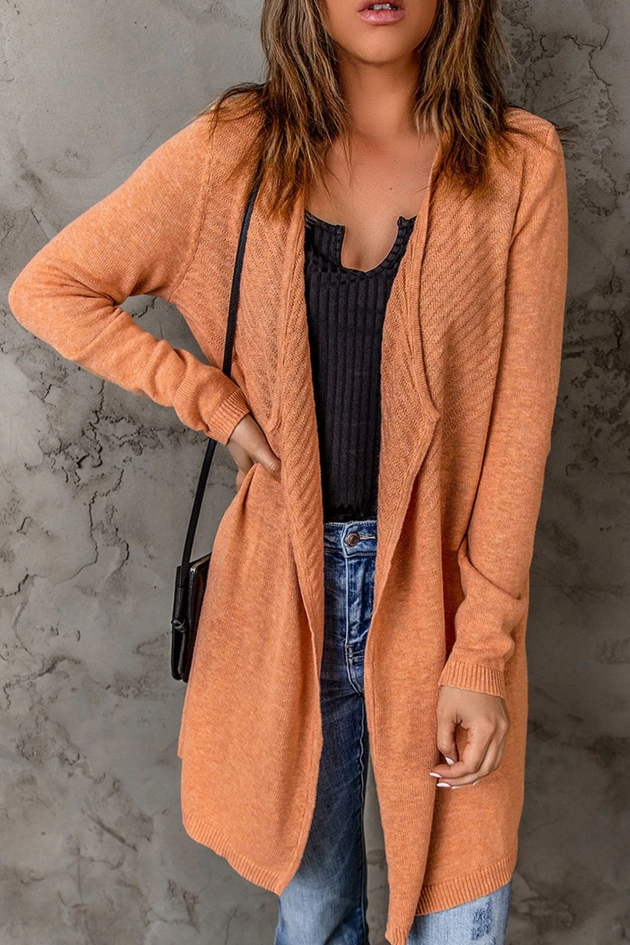 "Shewin Women's Orange Casual Ribbed Long Knit Cardigan – Cozy Fall Layering Piece"