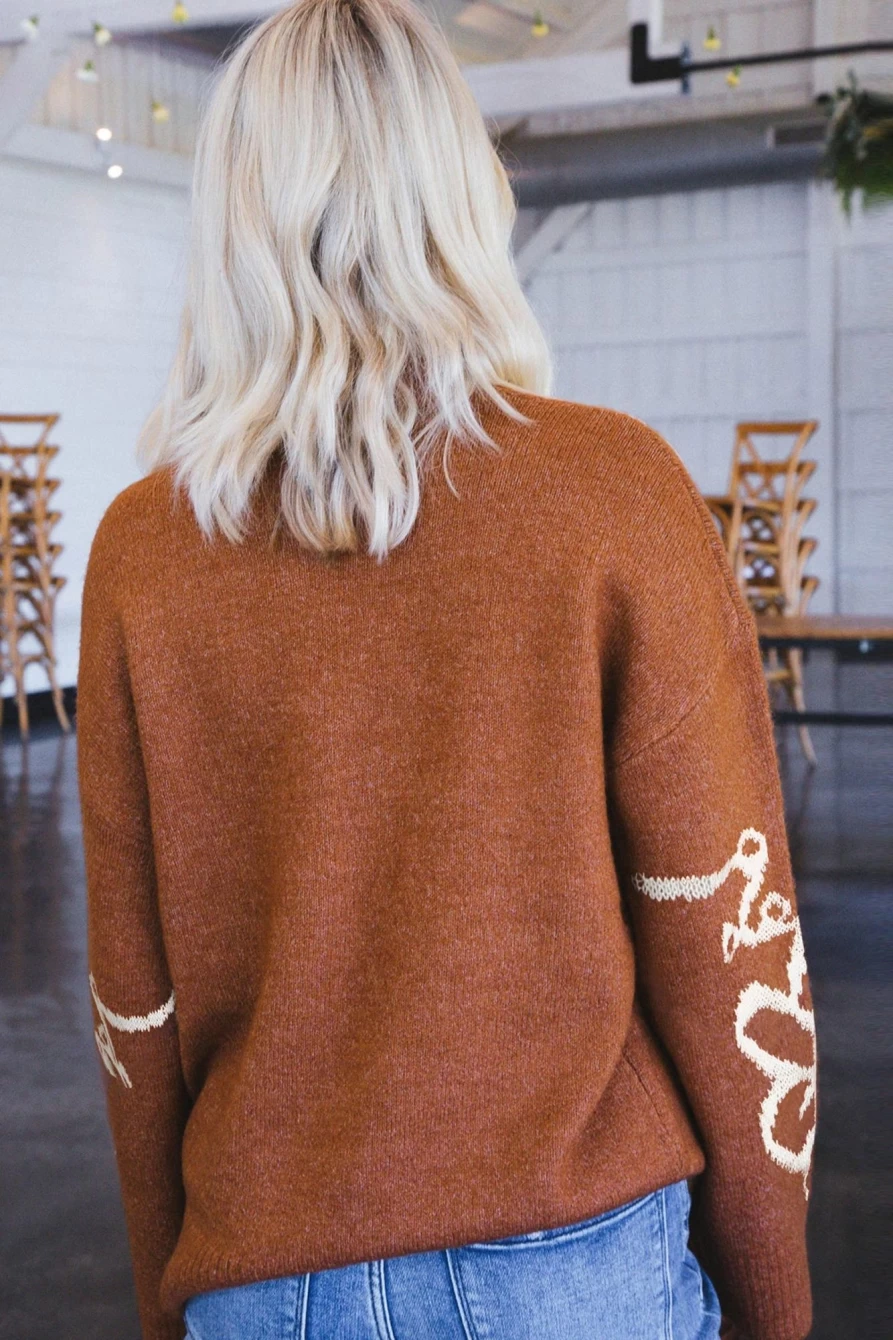 Shewin Women's Chestnut Floral Applique Knit Sweater - Casual Round Neck Pullover