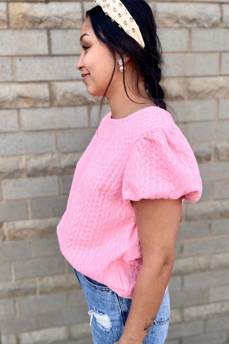 Shewin Women's Pink Textured Puff Sleeve Round Neck T-Shirt