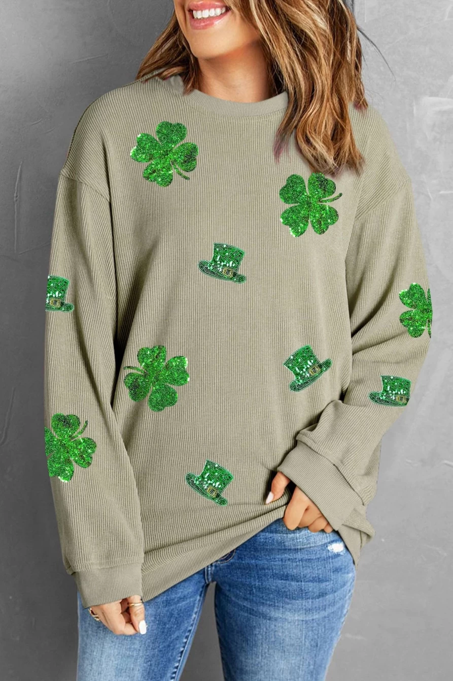 Shewin Women's Green St Patrick's Day Sequined Clover Graphic Sweatshirt