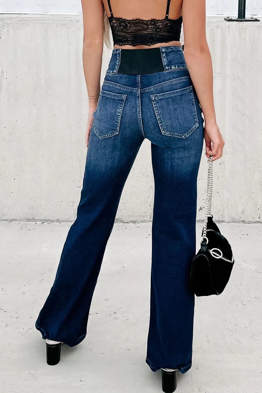 Shewin Women's Blue Elastic Waist Flare Jeans with Button Detail
