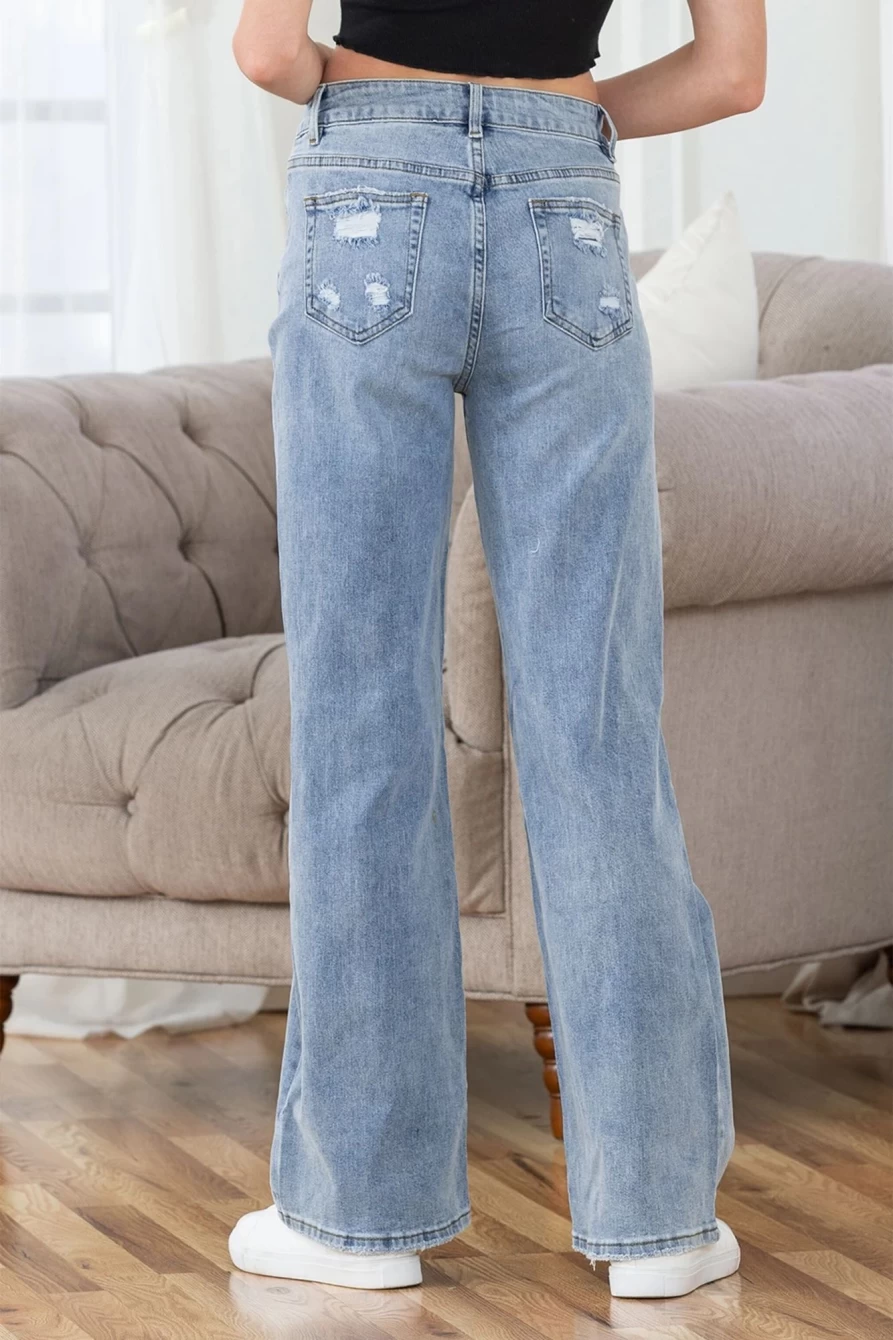 Women's Sky Blue Destroyed Ripped Casual Wide Leg Jeans | SHEWIN