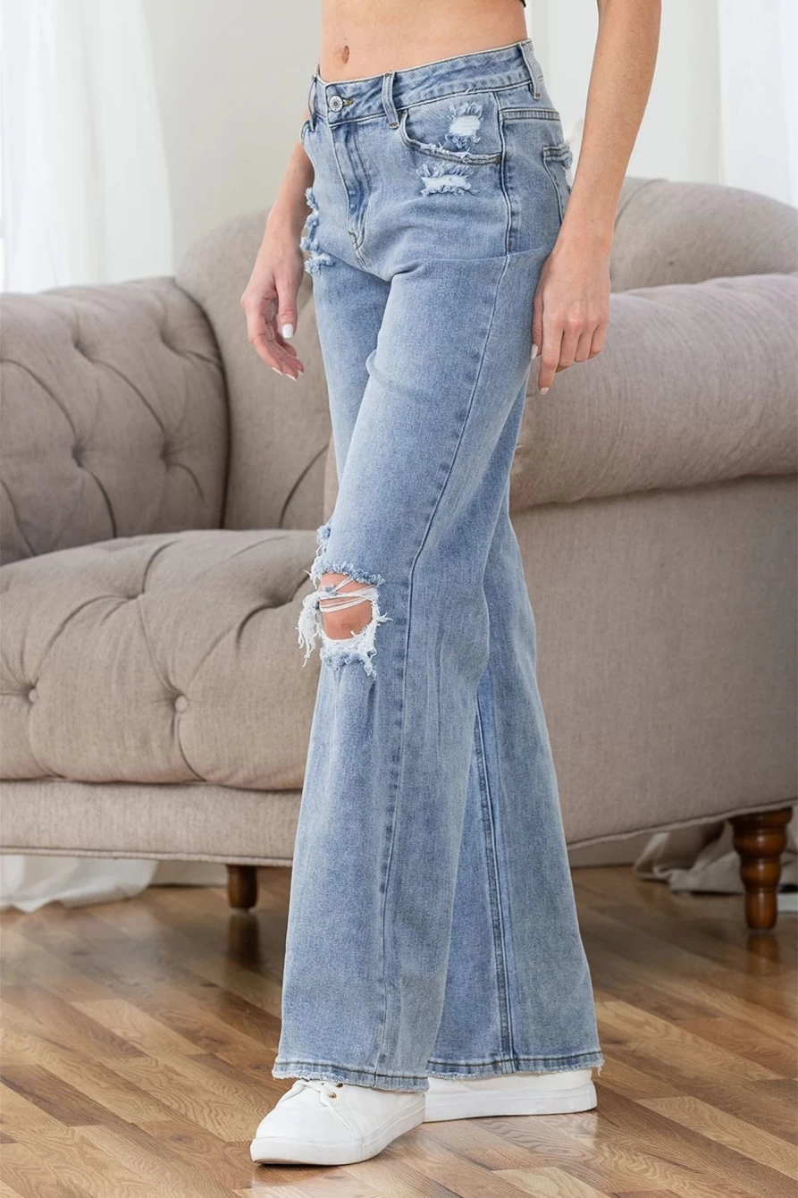 Women's Sky Blue Destroyed Ripped Casual Wide Leg Jeans | SHEWIN