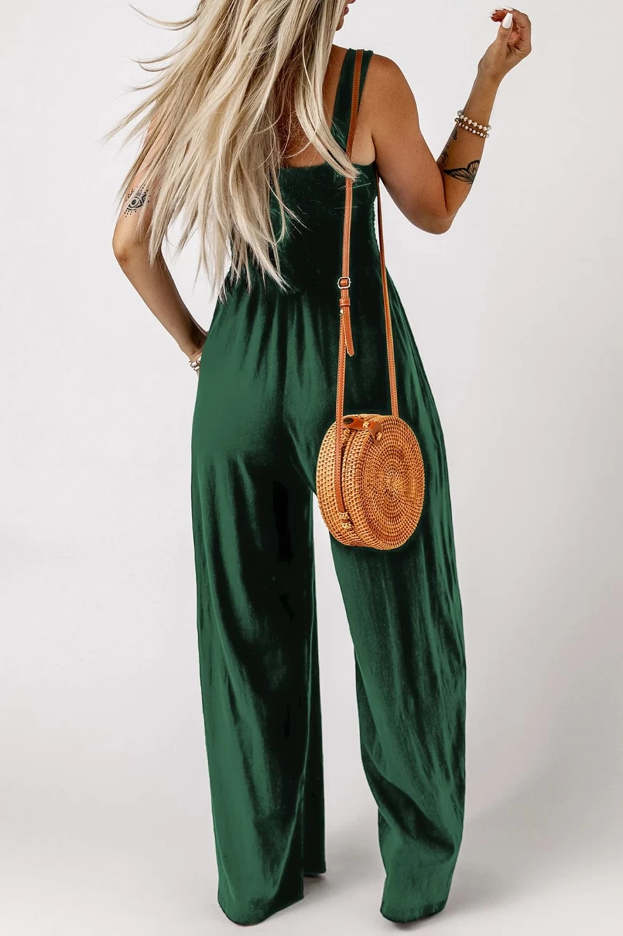 Women's Green Casual Smocked Pocket Wide Leg Jumpsuit - SHEWIN