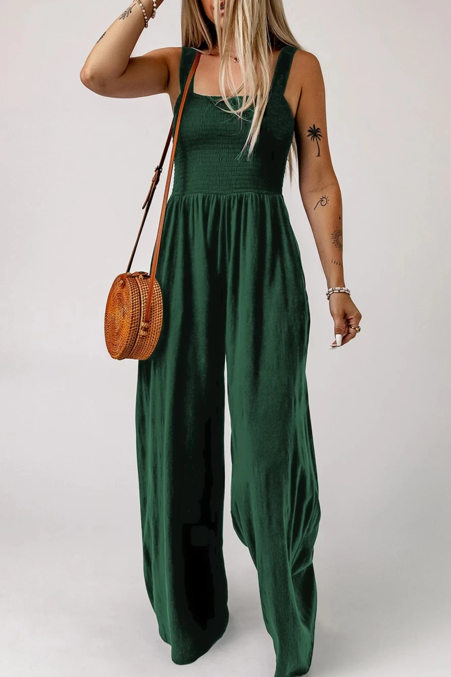 Women's Green Casual Smocked Pocket Wide Leg Jumpsuit - SHEWIN