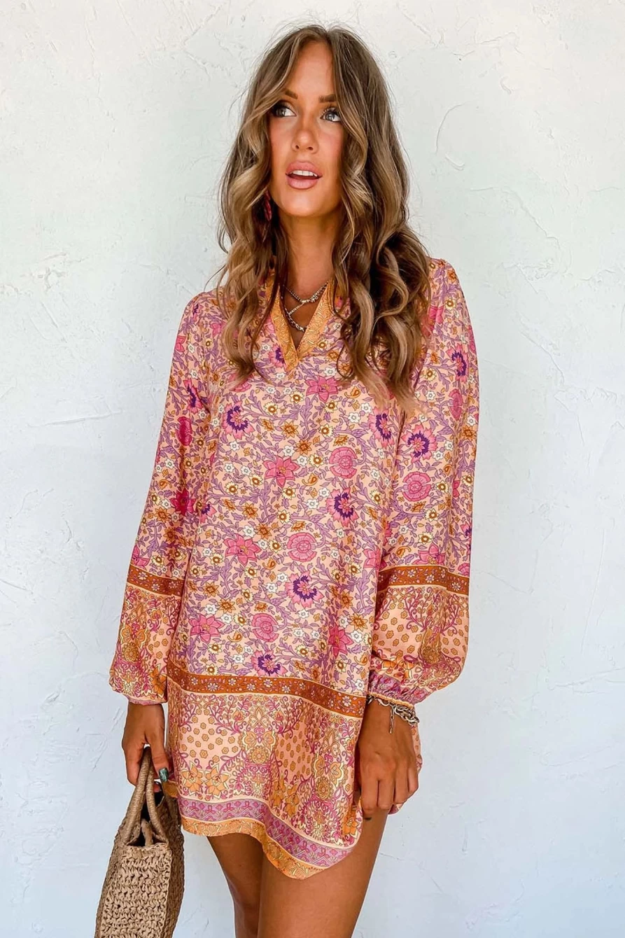 Shewin Women's Pink Floral V-Neck Puff Sleeve Mini Dress