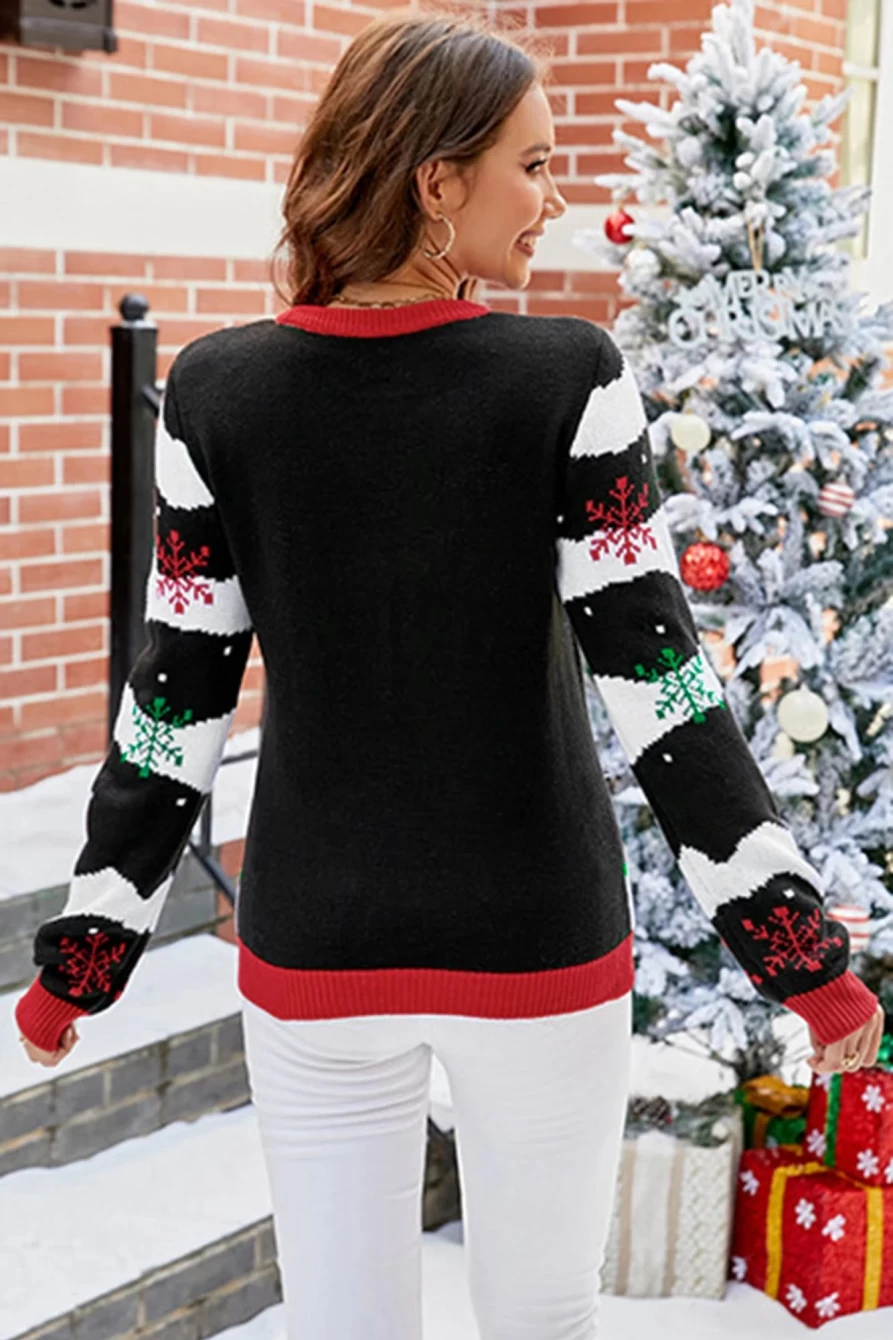 Shewin Women's Black Colorblock Christmas Sweater - Festive Round Neck Holiday Pullover