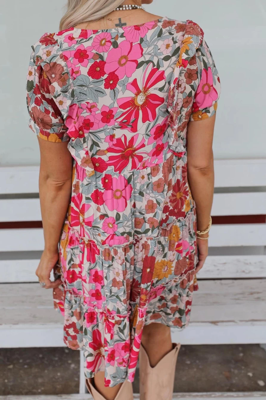 Shewin Women's Multicolor Floral Print Patchwork Tiered Shift Dress with Frill Details