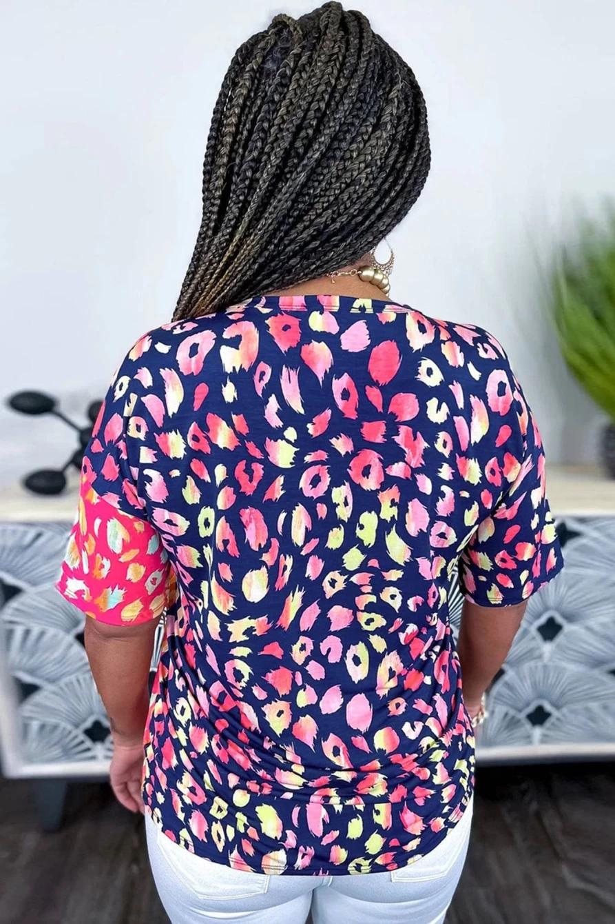 "Shewin Women's Leopard Print Colorblock Short Sleeve Plus Size Top"
