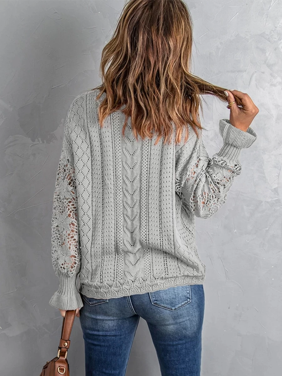 Shewin Women's Gray Crochet Lace Cutout Casual Knit Sweater