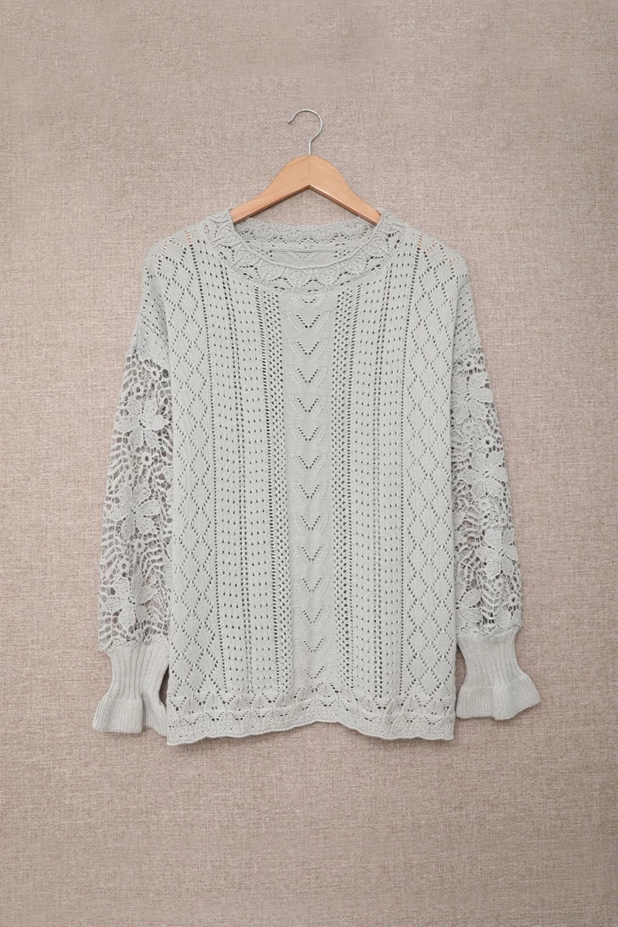 Shewin Women's Gray Crochet Lace Cutout Casual Knit Sweater