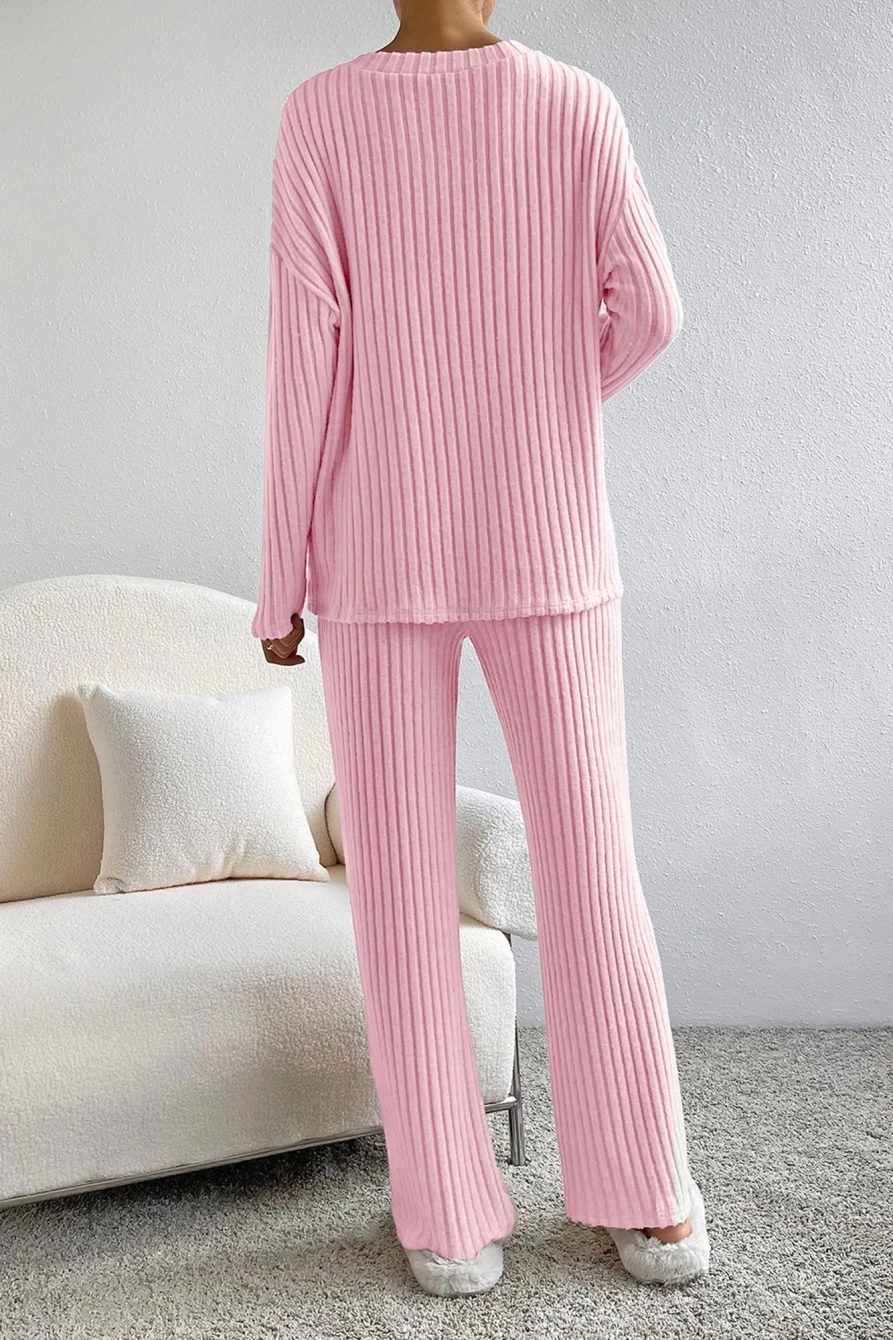 Shewin Women's Light Pink Ribbed Knit V-Neck Loungewear Set - Slouchy Top & Pants