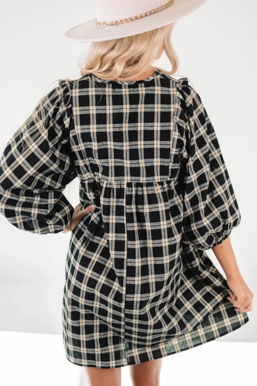 Shewin Women's Black Plaid 3/4 Sleeve Ruffle Loose Dress