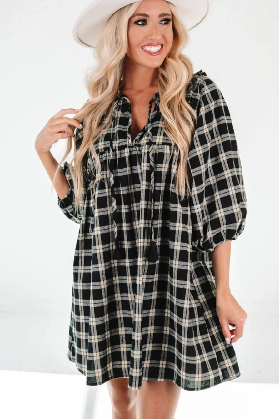 Shewin Women's Black Plaid 3/4 Sleeve Ruffle Loose Dress