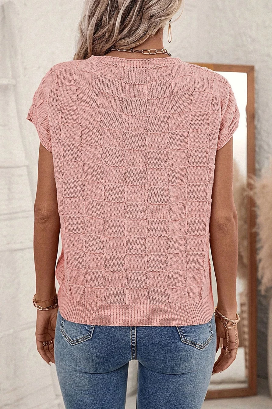 "Shewin Women's Dusty Pink Lattice Textured Oversized Knit Short Sleeve Sweater"