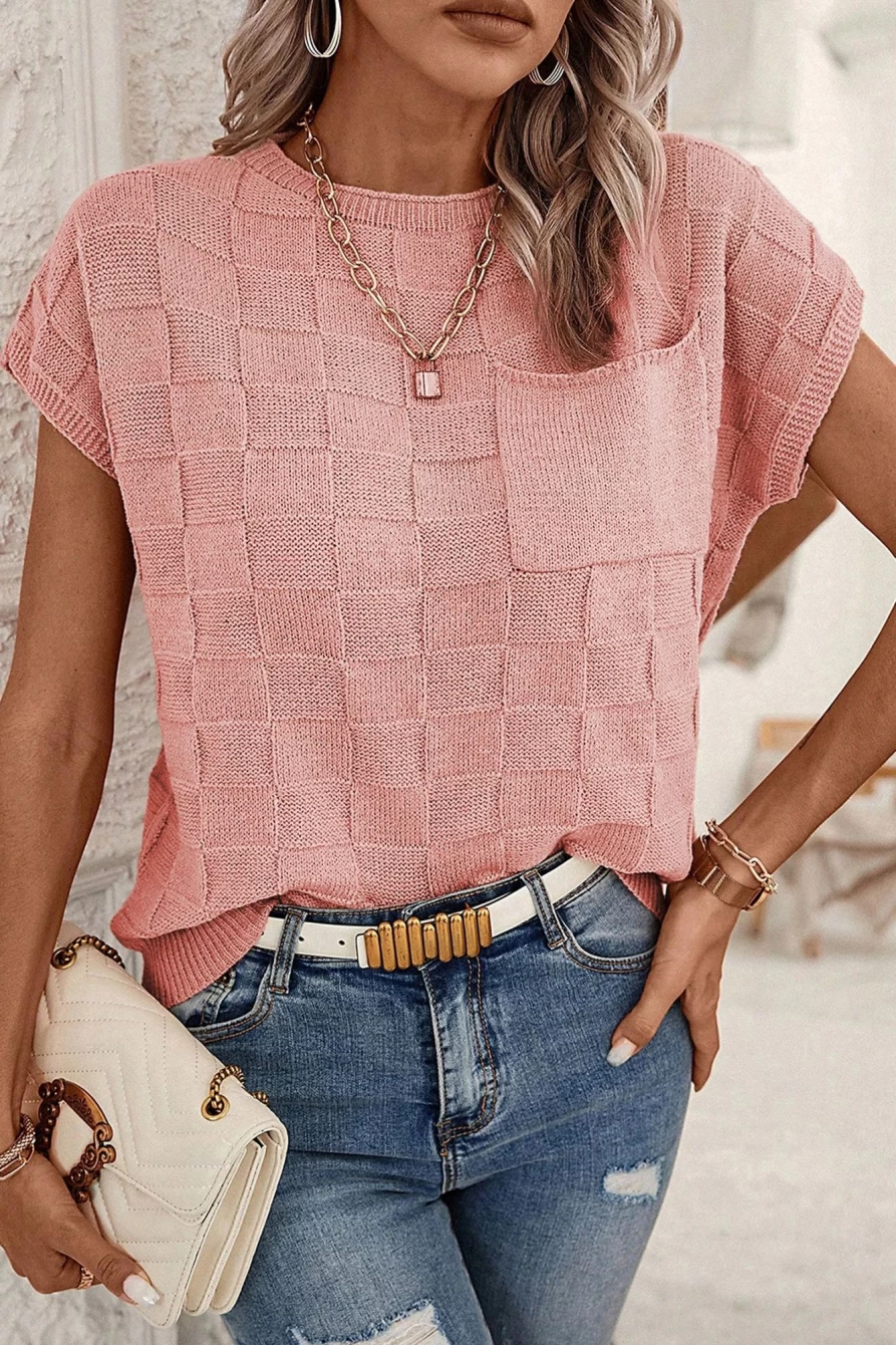 "Shewin Women's Dusty Pink Lattice Textured Oversized Knit Short Sleeve Sweater"
