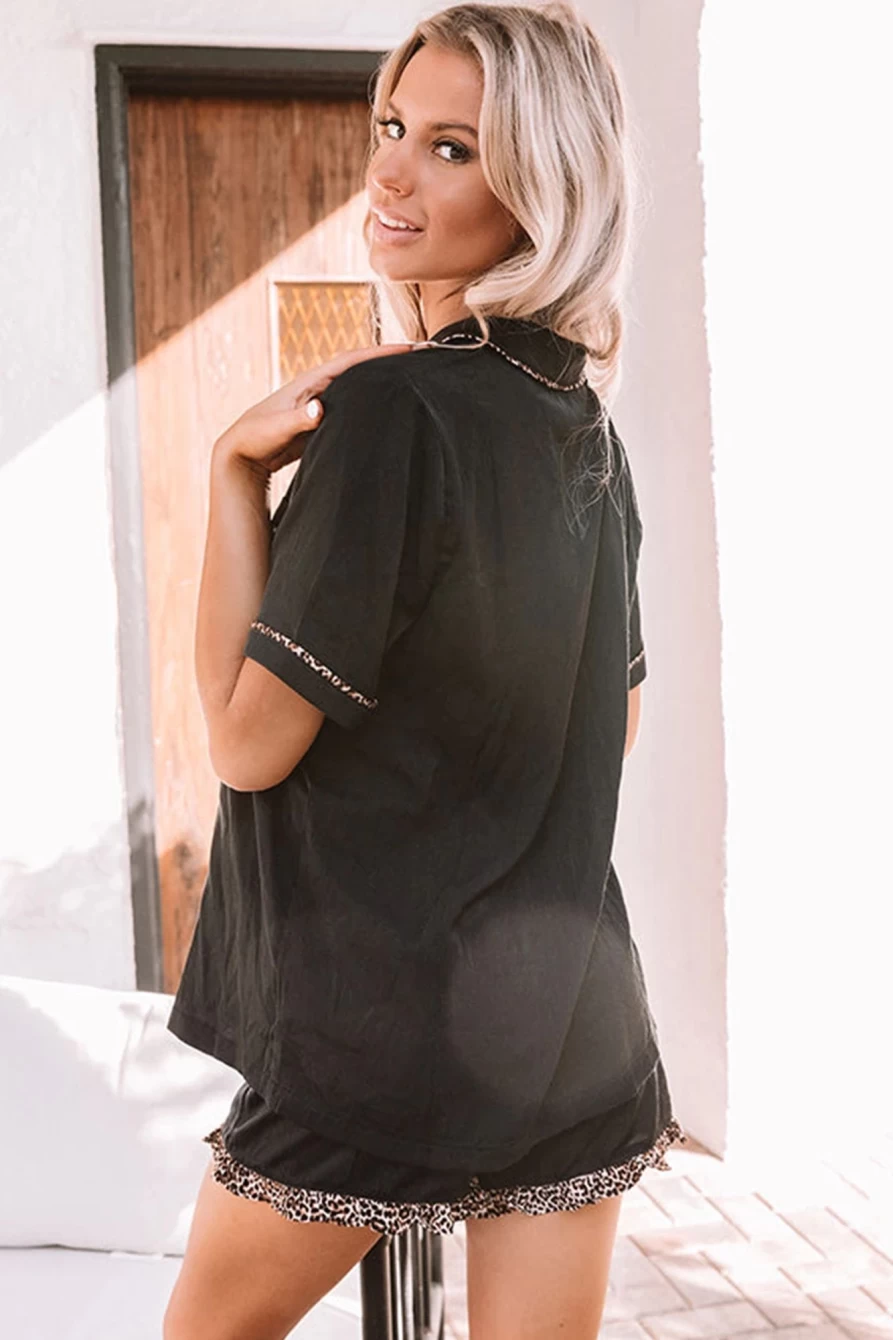 Shewin Women's Black Leopard Print Loungewear Set - Contrast Shirt & Drawstring Shorts