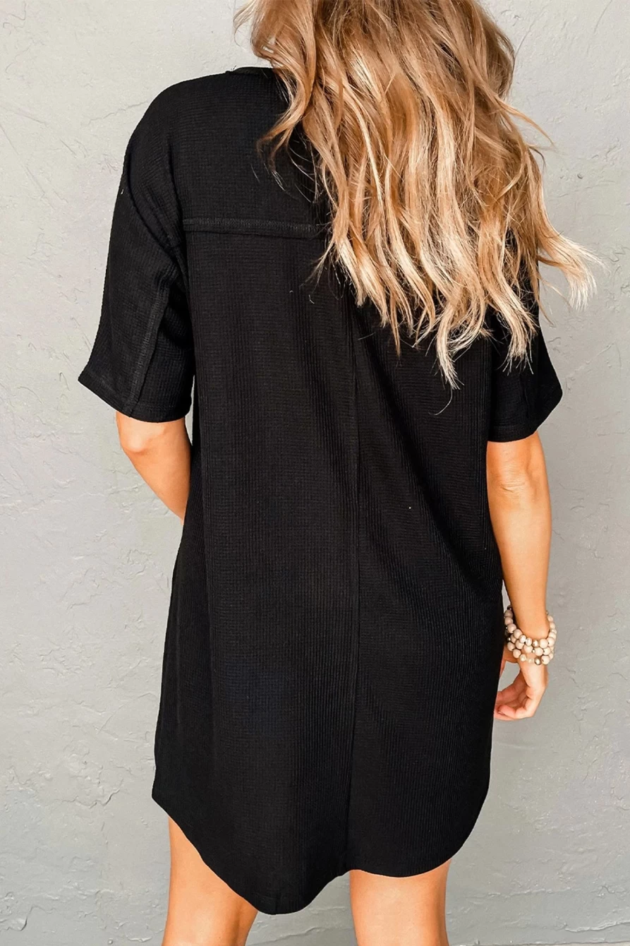 Shewin Women's Black Waffle Knit Mini Dress with Pocket - Plain T-Shirt Style