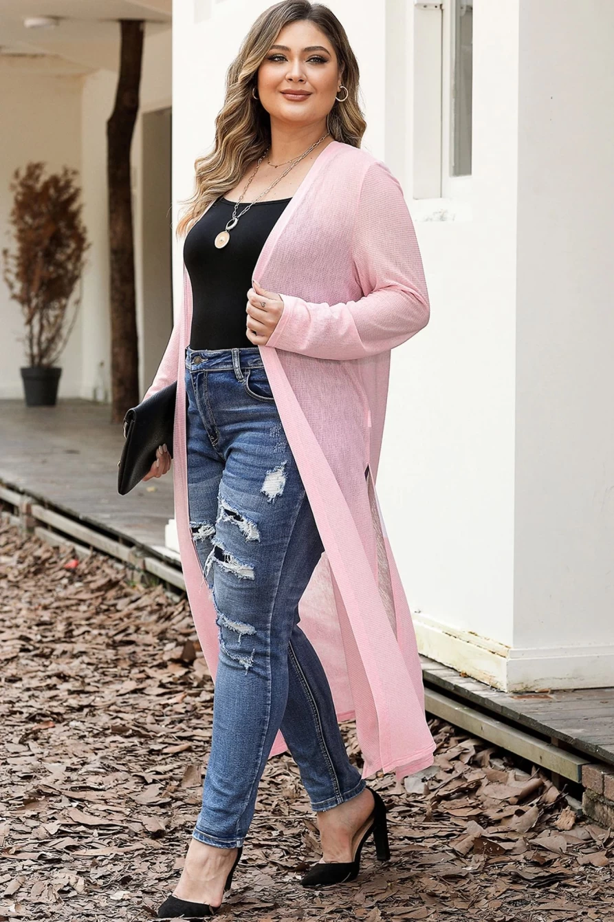 "Shewin Women's Pink Plus Size Sheer Knit Cardigan with Long Side Slits"