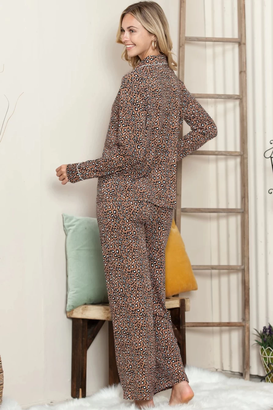 Shewin Women's Leopard Print Lapel Neck Shirt and Drawstring Pants Loungewear Set
