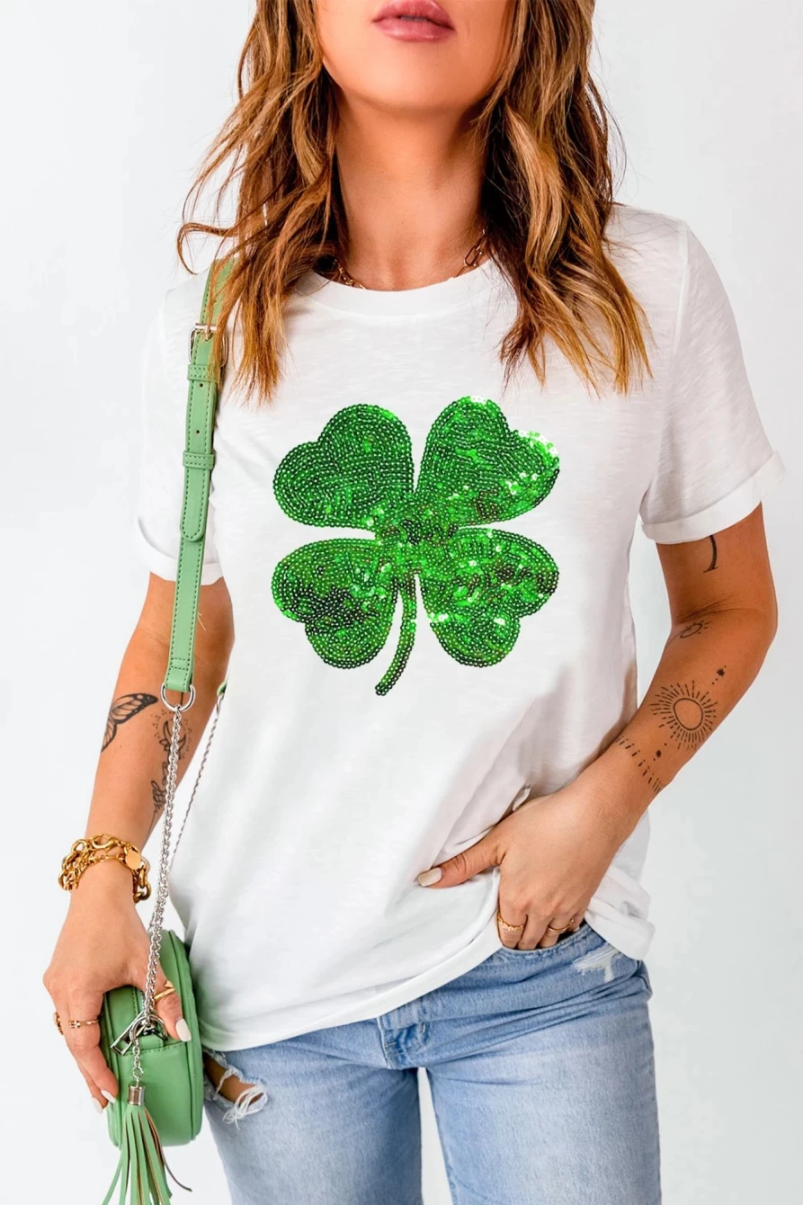 Shewin Women's White St Patrick's Day Graphic Tee with Sequin Clover Patch