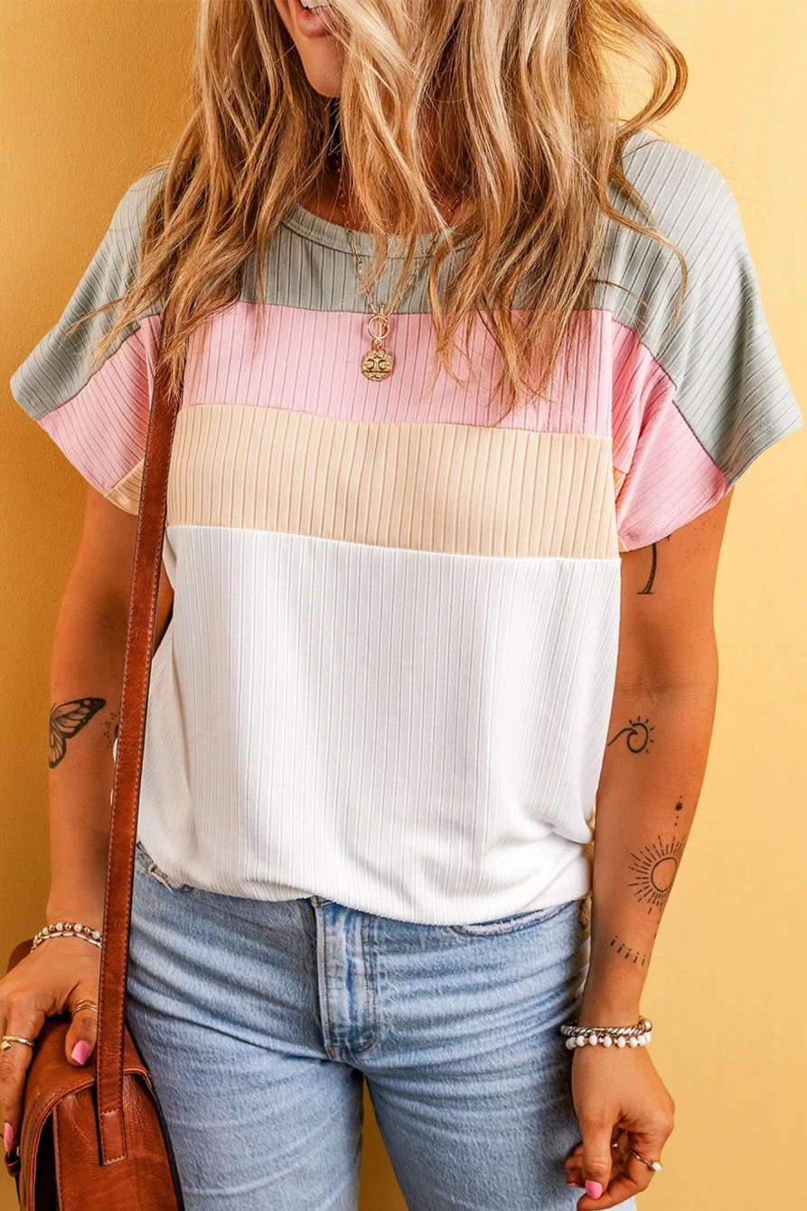 Shewin Women's White Ribbed Color Block Patchwork T-Shirt