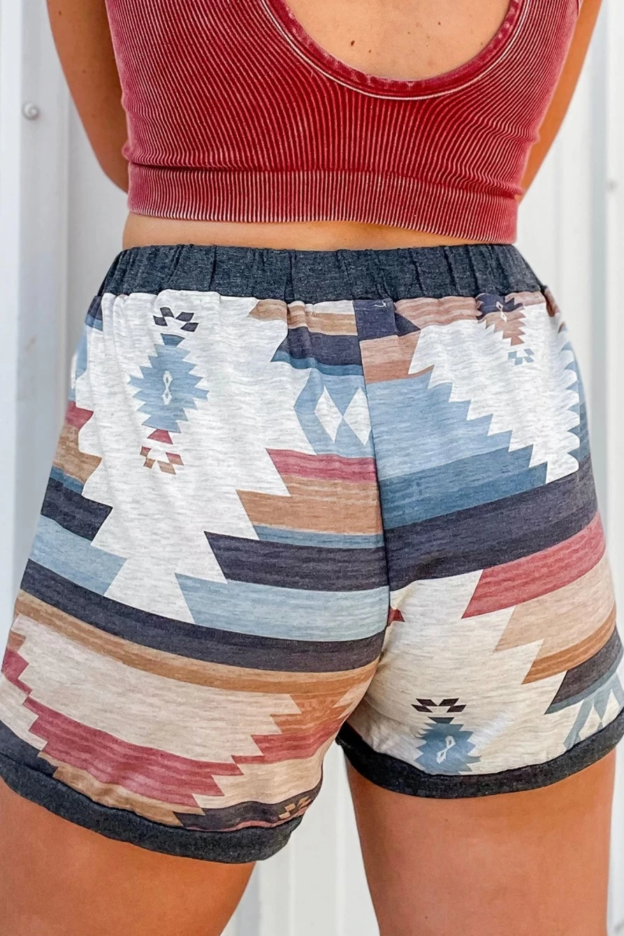 Shewin Women's White Casual Geometric Print Drawstring Waist Shorts